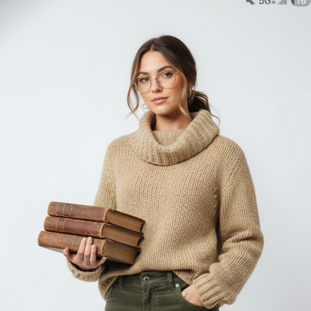 Express Turtleneck Sweater Tan Wool Blend Preppy Boho Casual Marled M